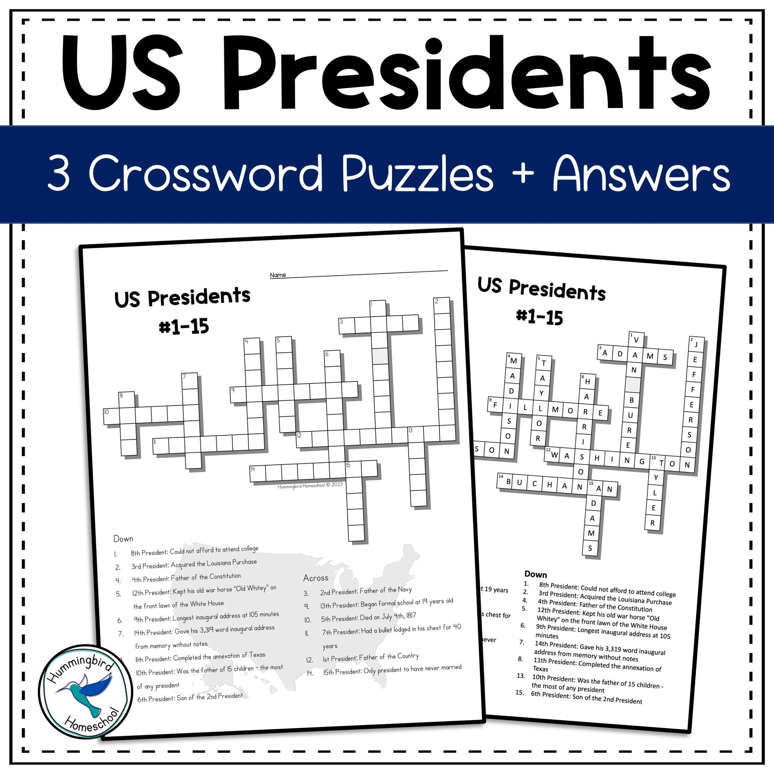 US Presidents Crossword Puzzles With Answers | Hummingbird Homeschool